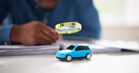 Person Scrutinizing A Car Model Using Magnifying Glass On Deskの写真素材