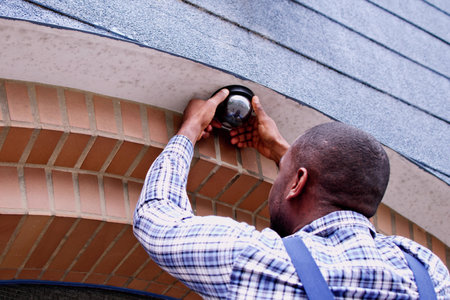 African American Handyman CCTV Camera Installer On Ladderの写真素材