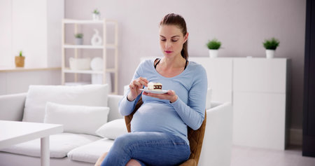 Pregnant Woman Eating Dessert Food. Funny Moment