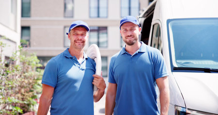 Technician Electrician Man With Cable Near Vanの写真素材