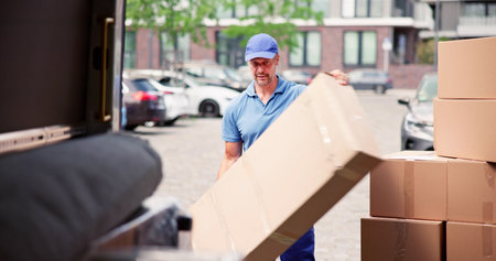 Male Movers In Uniform Loading Delivery Truckの写真素材