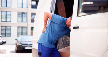 Lifting Box Backpain. Mover With Heavy Boxes