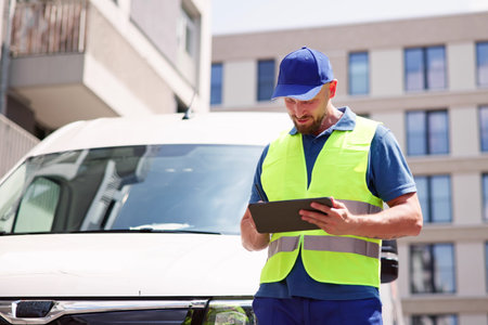 Delivery Man Near Truck Or Van Using Tablet