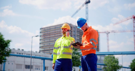 Inspection Engineer Worker At Construction Site Using Tabletの写真素材