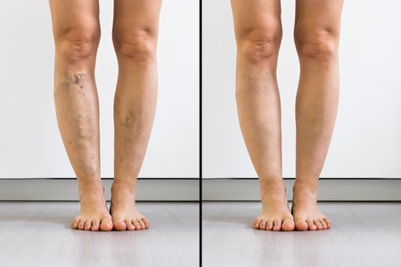 Person Leg With Varicose Veins And Capillaries Before And After Medical Treatmentの写真素材
