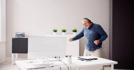 Funny Man Worker Success In Office. Happy Corporate Businessman Joy
