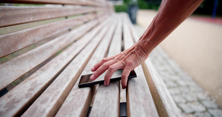 Person Picking Up Lost Phone On Streetの写真素材