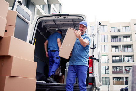 Two Young Male Movers Carrying Cardboard Box From Truckの写真素材