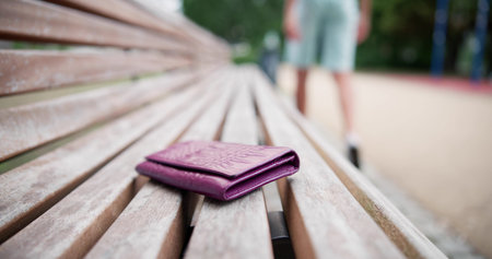 Woman Lost Personal Wallet With Money. Walking On Street