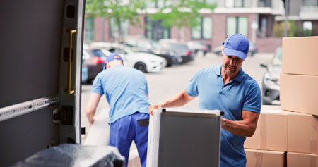 House Mover Furniture Delivery Service. Unloading Truck