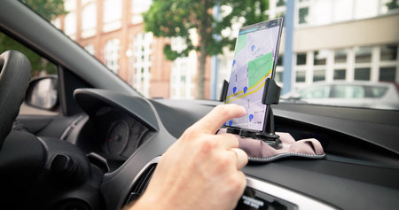 Car With GPS Navigation Maps On Mobile Phone Touchscreen
