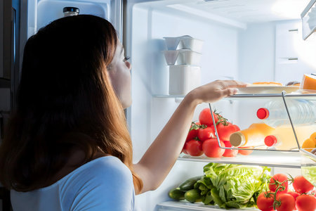 Young Woman Looking At Food In Open Refrigeratorの写真素材