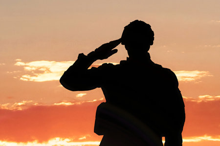 Silhouette Of A Soldier Saluting During Sunsetの写真素材