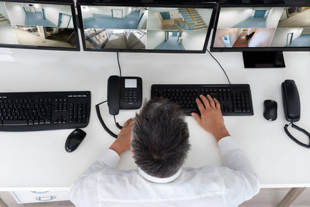 Rear view of security system operator looking at CCTV footage at desk in office