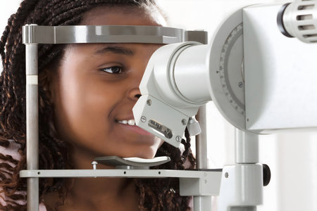 Female Optometrist Examining Patient On Phoropter In Ophthalmology Clinic