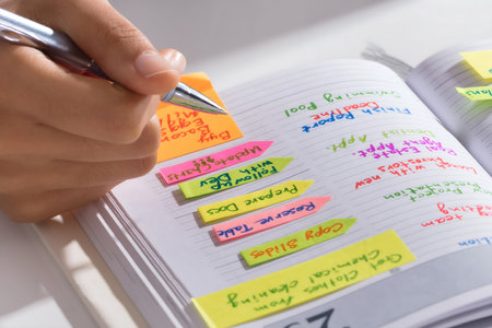Close-up Of A Businesswoman Making Agenda On Personal Organizer At Workplace