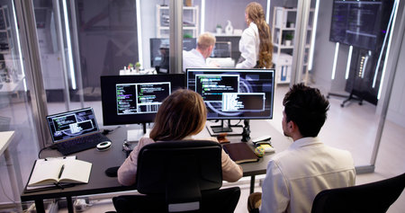 Computer Programmer Writing Program Code On Computer In Officeの写真素材