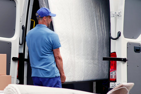 Efficient Furniture Movers Deliver Mattresses with Moving Trucksの写真素材