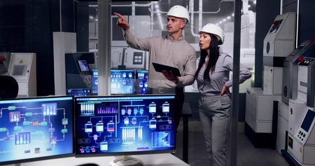 Factory Engineers In Helmets. Checking Industrial Facility