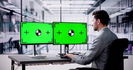 Blank Desktop Computer Screen In Office. Man Looking At Job Screen