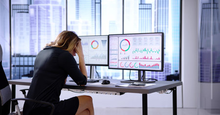 Bored Workaholic Accountant Employee With Headache And Stressの写真素材