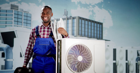 Technician Cleaning And Repairing Air Condition Appliance. Ac Unit Maintenanceの写真素材