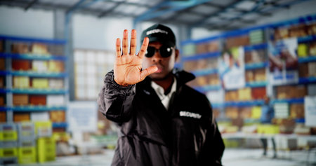 Security Guard In Logistic Business Distribution Warehouse Making Stop Gesture