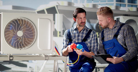 Industrial Air Conditioning Technician. HVAC Cooling System Repairの写真素材