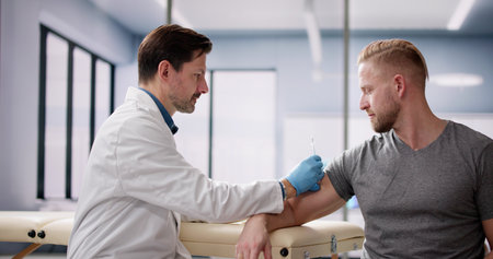 Doctor Making Vaccine Injection To Man Patientの写真素材