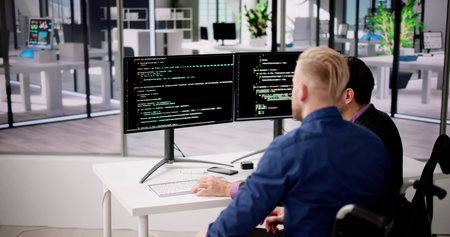 Computer Programmer Writing Program Code On Computer In Office