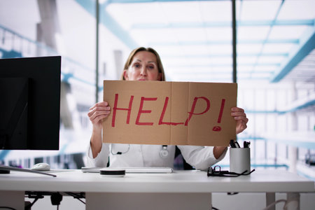 Upset Doctor Woman Holding Cardboard With Help Text In Officeの写真素材