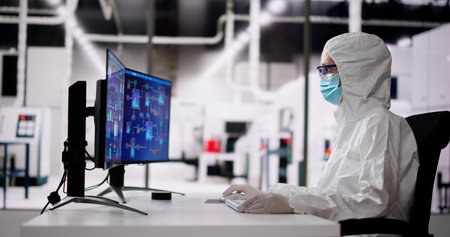 Sterile Semiconductor Manufacturing Factory And Worker In Coverall
