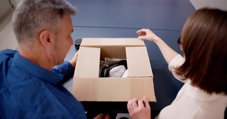 Happy Couple Opening The Parcel Box At Home