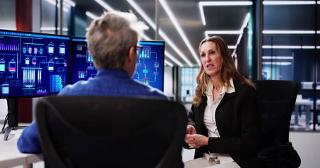 Two Businesspeople Talking With Each Other At Office
