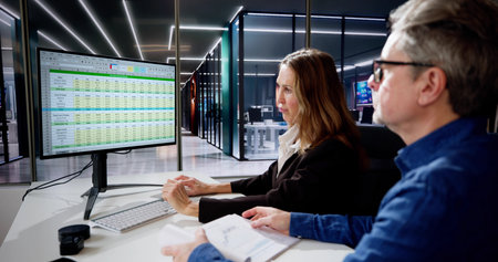 Analyst Employee Working On Spreadsheet Using Desktop Computer