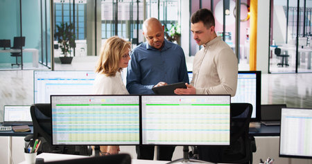 People Working With Spreadsheet Data On Computer Monitor