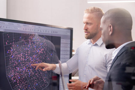 Big man in office giving business presentation with touchscreen TV