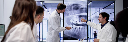 Group looking at x-ray of dental teeth by doctor