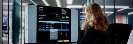 Accountant using computer software to create invoice on desktop