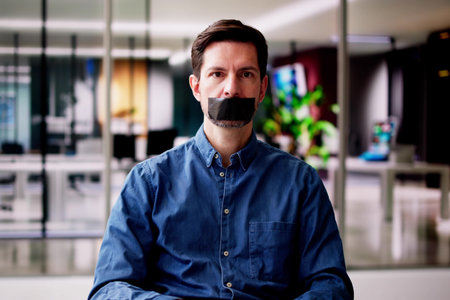 Young Man With Black Duct Tape Over His Mouth In Office