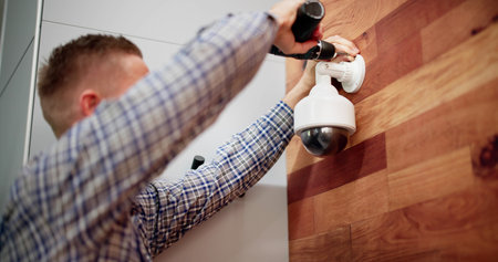 CCTV Technician On Stepladder Fixing Security Camera