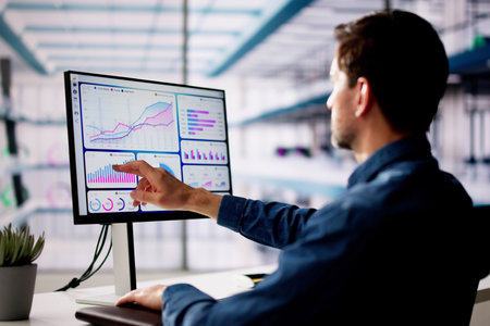 KPI Business Analytics Data Dashboard. Analyst Using Computer Caucasian