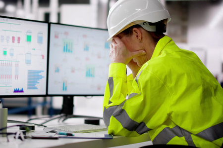 Engineer using SCADA system monitor on control panel