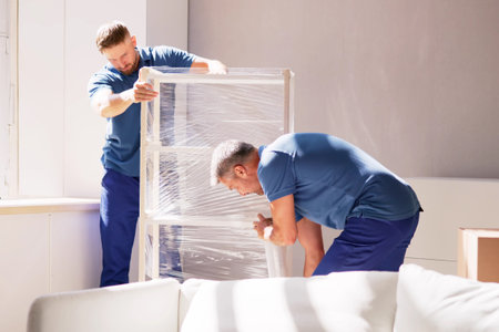 Professional movers wrapping furniture while moving houseの写真素材