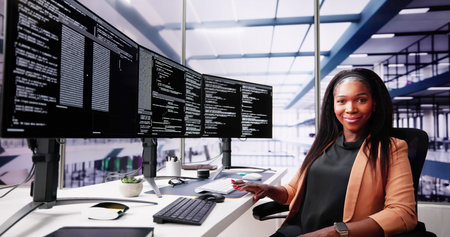 African American Coder Using Computer At Desk. Web Developer