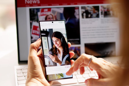 Online Social Mobile Phone App. Woman Swiping