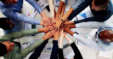 Professional Business Team Huddle And Hands. Diverse Group Management