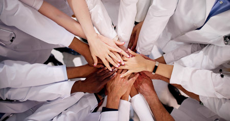 Medical Team Stacking Hands Against In Hospital