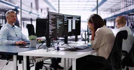 Unhappy Sad Developer Programmer Man In Stress Coding Software On Computer