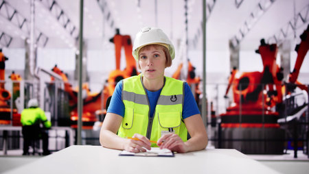 Woman Video Conference At Modern Car Facrtory